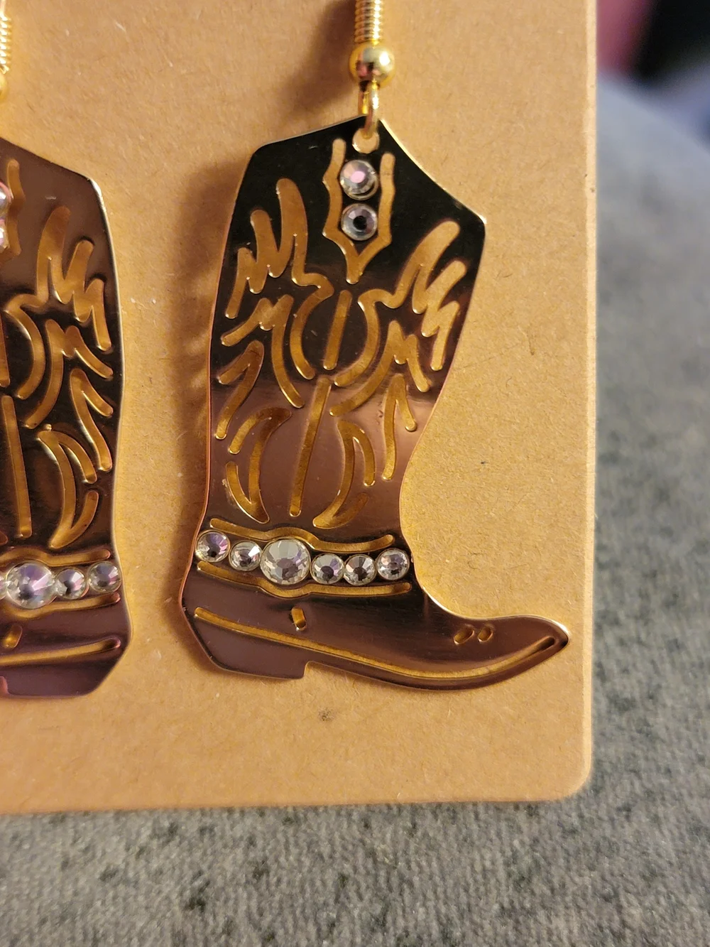 Handcrafted Western Gold Cowboy Boot Dangle Earrings w/Crystal Accents